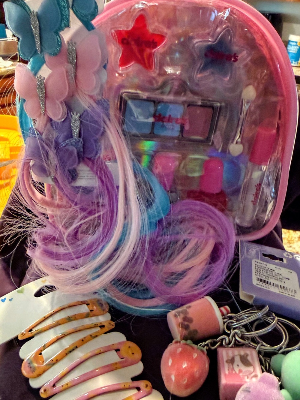 Claire's Pink and Purple Kids Hair, Barrette’s, Key Chain & Makeup Play Set.